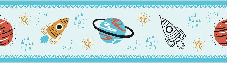 Tapetenbordüre für das Kinderzimmer mit Weltraum-Motiv, Raketen, Planeten und Sternen.