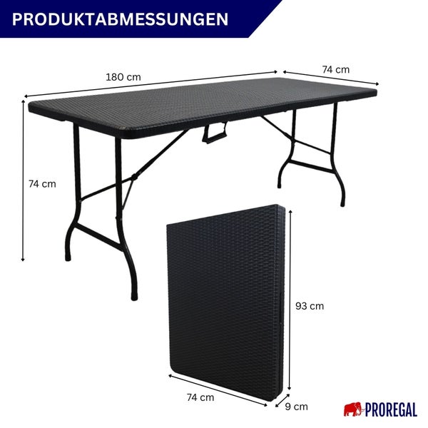 Produktabbildung eines schwarzen Klapptisches mit den Maßen 180 cm x 74 cm x 74 cm und zusammengeklappt 93 cm x 74 cm x 9 cm