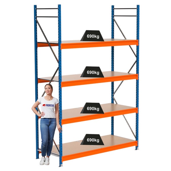 Blaues und oranges Schwerlastregal mit vier Regalböden und einer maximalen Traglast von 690 Kilogramm pro Boden.