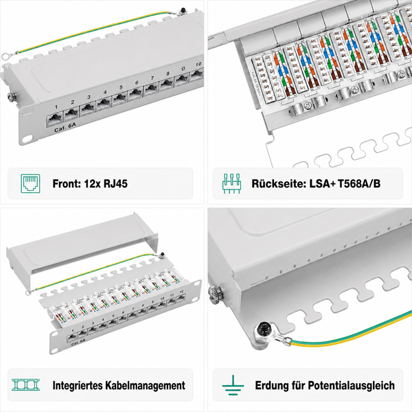10 Zoll Patchpanel Cat 6A mit 12 RJ45-Ports, LSA-Anschlusstechnik, integriertem Kabelmanagement und Erdungsanschluss.