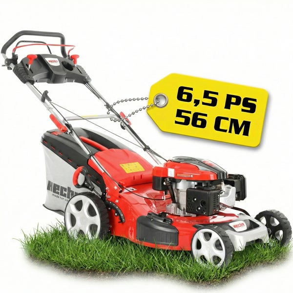 Hecht Benzin-Rasenmäher in Rot und Schwarz mit 6,5 Pferdestärken und 56 Zentimeter Schnittbreite inklusive Fangkorb auf einer Grasfläche.