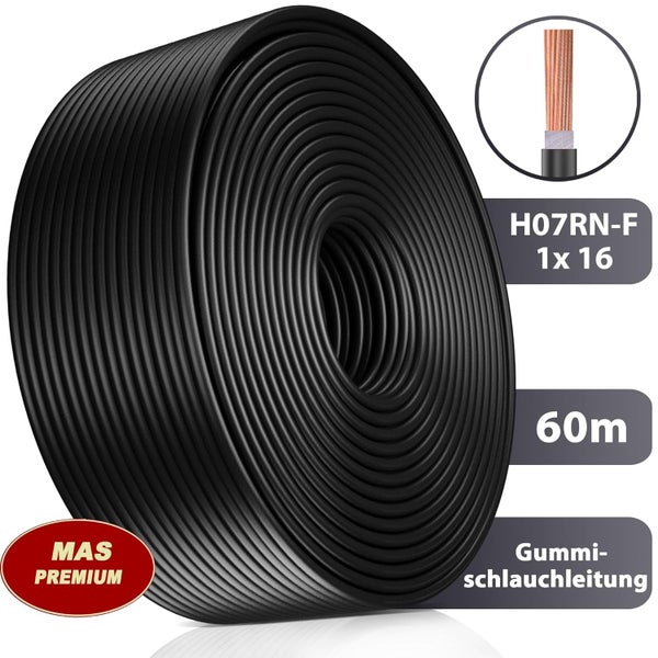 Schwarze Gummischlauchleitung H07RN-F 1x16, 60 Meter Rolle, MAS PREMIUM Logo, Detailansicht des Kupferleiters.