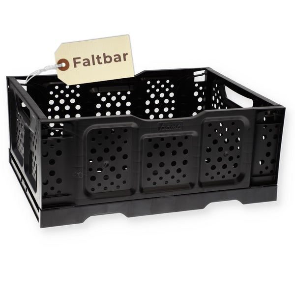 Schwarze Klappbox aus Kunststoff, faltbar mit perforierten Seitenwänden und Tragegriffen.