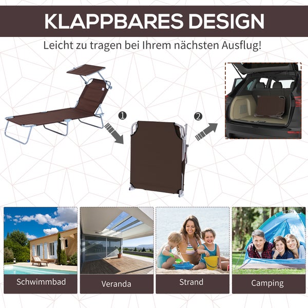 Outsunny Sonnenliege, klappbar, mit Sonnenschutz, 187 x 58 x 36 cm, Metall, Oxford-Gewebe, Braun
