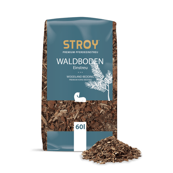 STROY Premium Pferdeeinstreu Waldboden, 60 Liter Sack mit braunen Holzstücken.