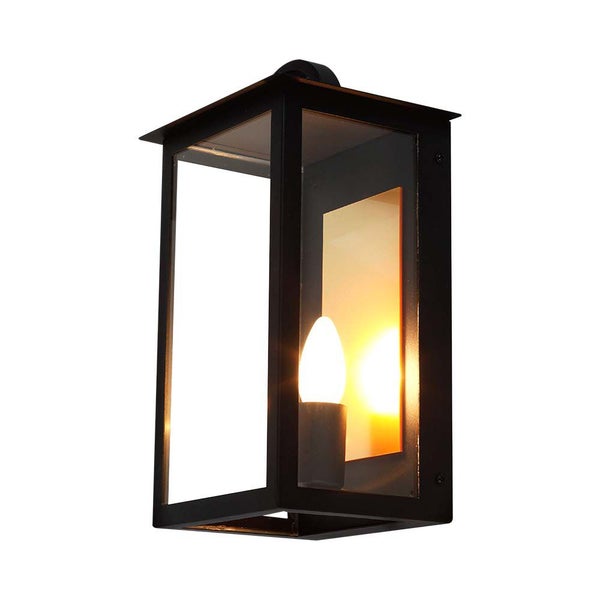 Schwarze Wandleuchte mit Glaseinsätzen und heller Glühbirne