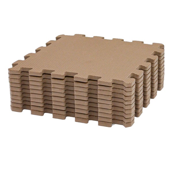 Stapel Puzzlematten aus Schaumstoff mit strukturierter Oberfläche und verzahnten Rändern für den Bodenschutz.