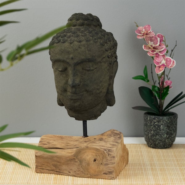 Skulptur  Buddha Beton, auf Wurzelholzsockel grau-braun