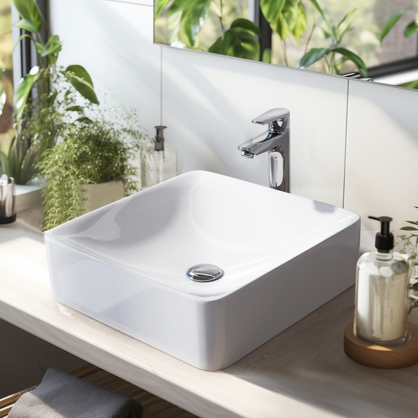 EMKE Aufsatzwaschbecken Keramik 405 × 405 mm, Quadratisch, glänzend Weiß, ohne Hahnloch, R-Ecken-Design, Höhe 120 mm, modernes Waschbecken für Badezimmer
