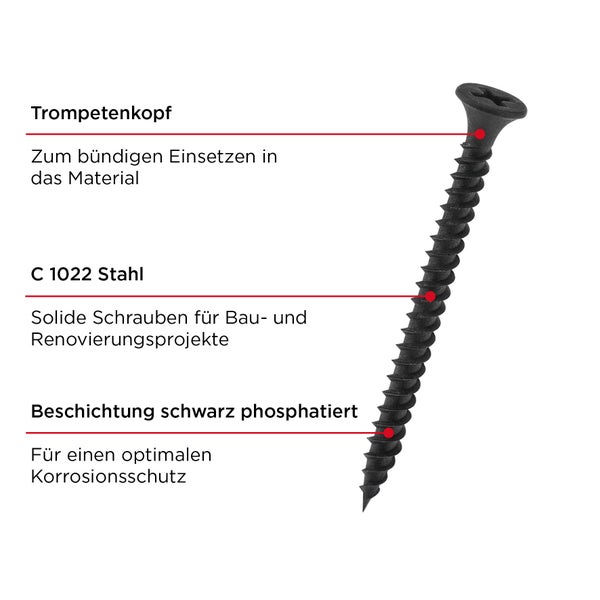 kwb Schnellbauschrauben 3.9x45 mm. PH2, 350 Stück, PH2, Trockenbauschrauben, Rigips Schrauben, Schwarz, Phosphatiert, Feingewinde, Kreuzschlitz