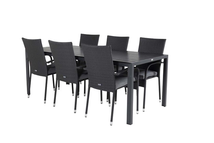 Break Gartenset Tisch 90x205cm schwarz, 6 Stühle Anna schwarz. 90 X 205 X 74 cm