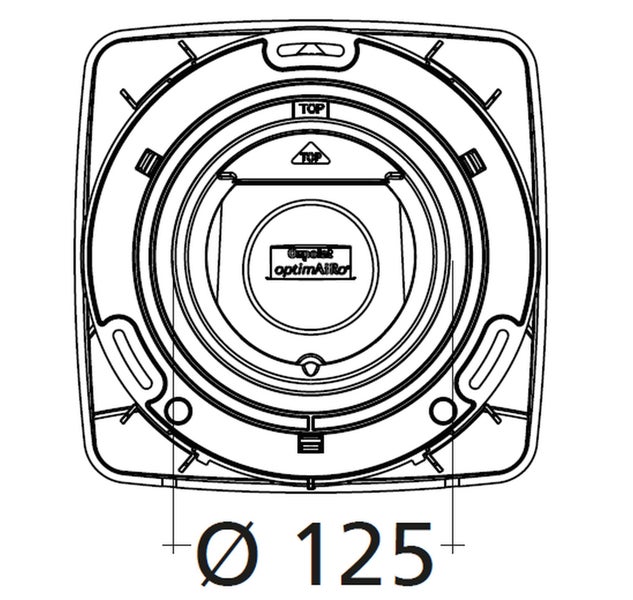 Technische Zeichnung eines Wandanschlusses mit einem Durchmesser von 125 Millimeter für optimAir Ventilator