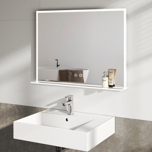 EMKE LED Badspiegel mit Ablage 80x60 cm, Kaltweiß, dimmbar, Touch-Schalter, Anti-Beschlag, mattierte Kanten, IP44, für Badezimmer geeignet