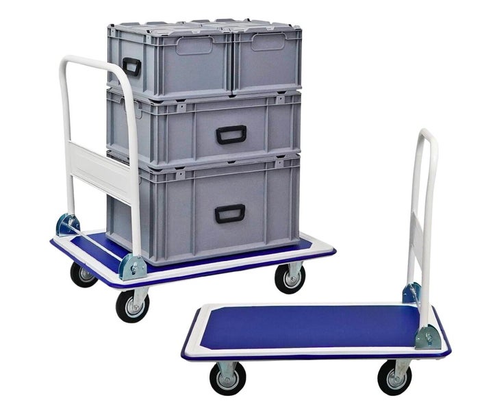 PROREGAL Faltbarer Transportwagen RHINO HxBxT 87 x 90 x 60 cm Tragkraft 300 kg TPE-Bereifung Rad-Ø 12,7 cm Blau-Grau