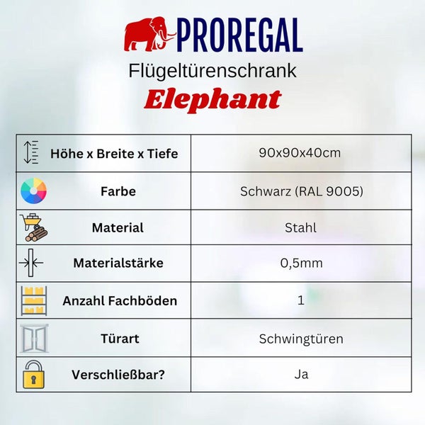 PROREGAL Logo. Daten zum Flügeltürenschrank Elephant: 90x90x40 Zentimeter, Stahl, 0,5 Millimeter dick, 1 Fachboden, Schwingtüren, abschließbar.