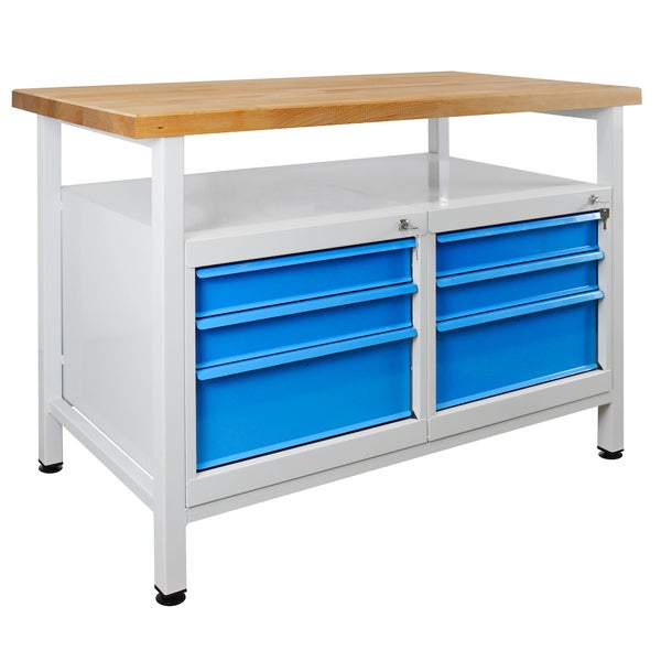 PROREGAL Werkbank Rhino mit Ablagefläche 6 Schubladen HxBxT 84 x 120 x 60 cm Traglast 300 kg Lichtgrau Blau
