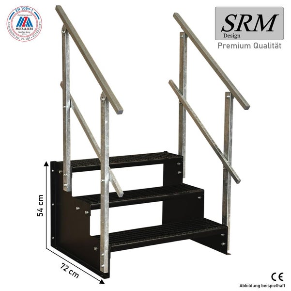 Stahltreppe mit 3 Gitterroststufen und Geländer. Höhe 54 Zentimeter, Tiefe 72 Zentimeter. SRM Design Logo, CE-Kennzeichnung, EN 1090-1 zertifiziert.