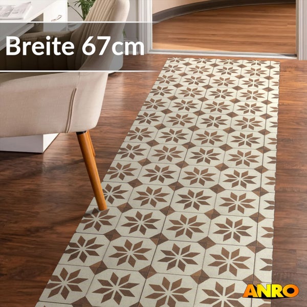 Küchenläufer mit geometrischem Sternmuster auf Holzboden in einem Zimmer. Breite 67 Zentimeter. ANRO Logo.