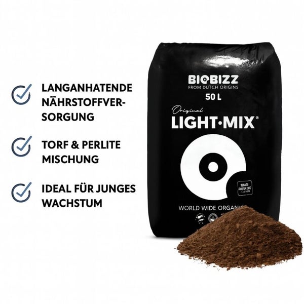 BioBizz Light-Mix Blumenerde, 50 Liter, Torf- und Perlite-Mischung für langanhaltende Nährstoffversorgung, ideal für junges Wachstum.