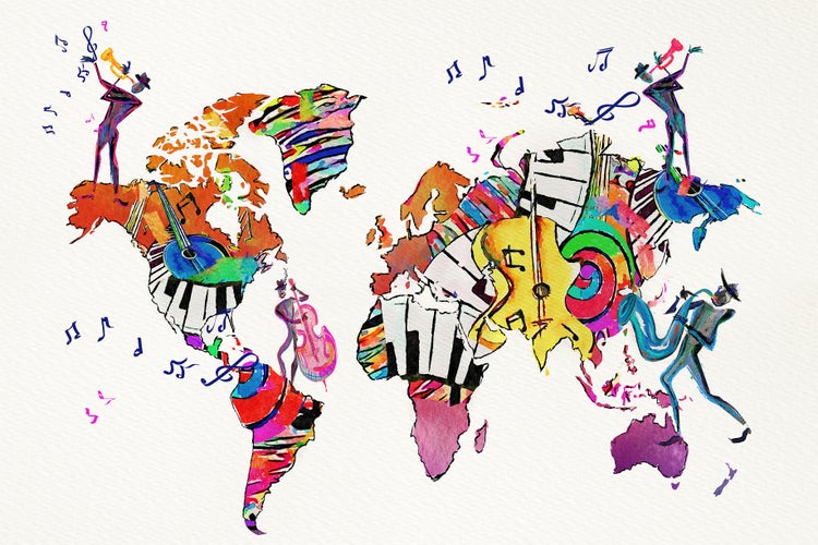 Wandbild Weltkarte als abstrakte Kunst mit Musikinstrumenten und Noten im Aquarell Stil.