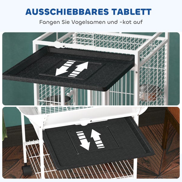 Vogelkäfig mit ausziehbarer Bodenschale zum Auffangen von Vogelfutter und Kot für eine einfache Reinigung.