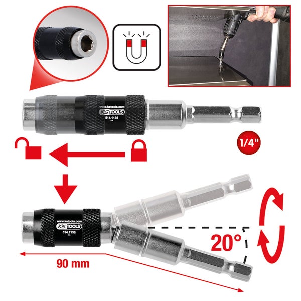 KS Tools Bit-Halter mit magnetischer Funktion, 90 Millimeter Länge, 1/4 Zoll Aufnahme