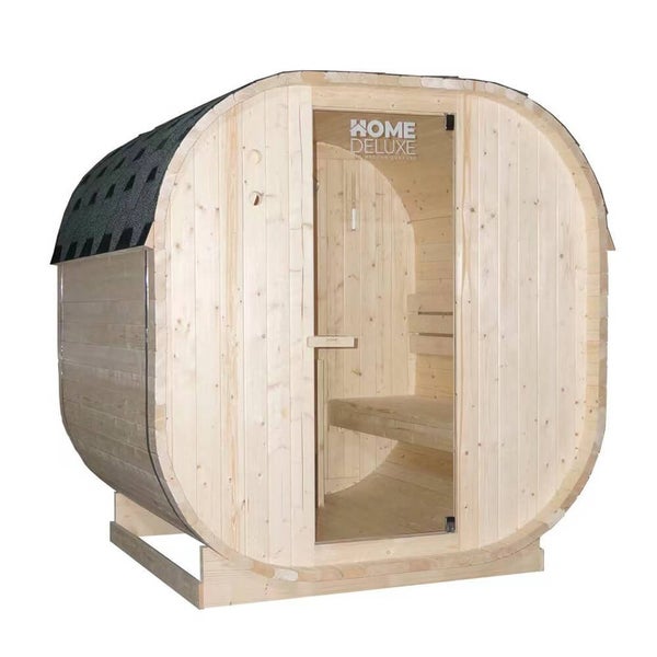 Fasssauna aus Holz mit Glastür und Home Deluxe Logo für den Garten