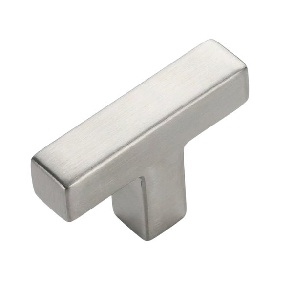 Möbelknopf in T-Form aus gebürstetem Edelstahl.
