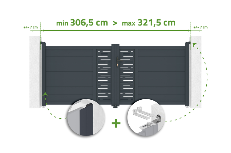 Abbildung eines Gartentors mit Breitenangaben von minimal 306,5 Zentimeter bis maximal 321,5 Zentimeter.