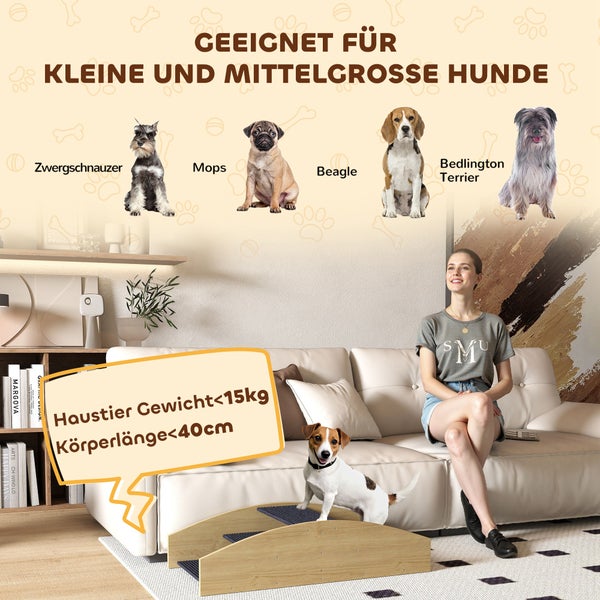 Hundetreppe und Hunderampe aus Holz mit rutschfester Trittfläche für Haustiere.