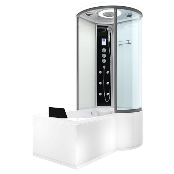 Dampfduschkombination mit Whirlpool-Badewanne, Massagedüsen und Glasabtrennung in einem modernen, hellen Badezimmer.