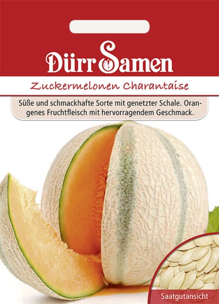Samentüte für Zuckermelonen Charantaise von Dürr Samen mit einer Abbildung der Melone und einer Detailansicht der Samen.