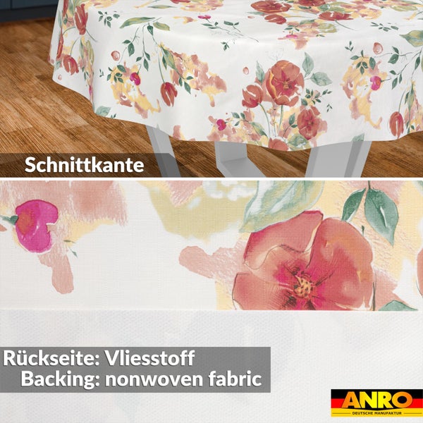 Wachstischdecke mit floralem Muster in Rot und Gelb, Schnittkante und Vliesstoff-Rückseite. ANRO Deutsche Manufaktur Logo.