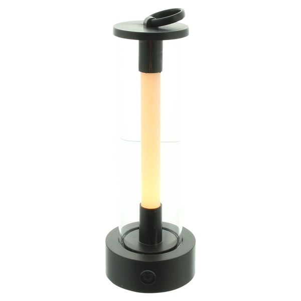 Tragbare Tischleuchte mit schwarzem Fuß und Tragegriff, zylindrischer Korpus aus Kunststoff und Metall mit warmweißem Licht.