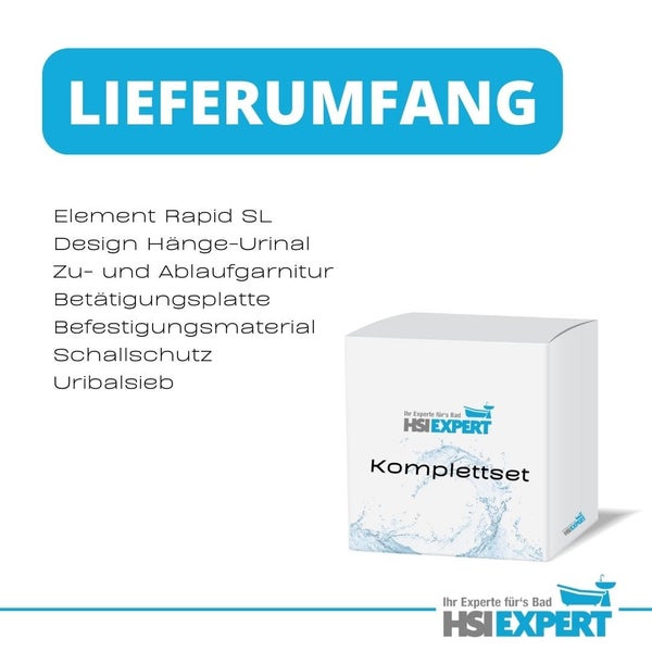 Lieferumfang eines Hängeurinals Komplettsets mit Element Rapid SL, Zu- und Ablaufgarnitur, Betätigungsplatte, Befestigungsmaterial, Schallschutz und Urinal Sieb