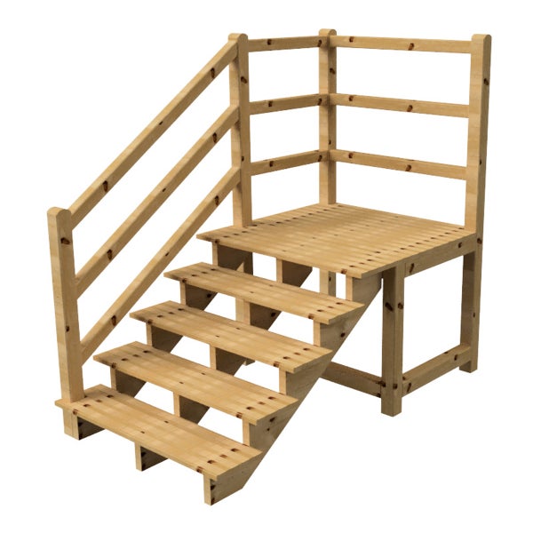 Holztreppe mit Geländer und Plattform
