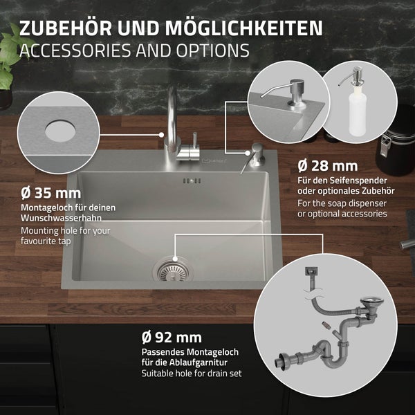 ML-Design Spülbecken Edelstahl 55x45 cm, Küchenspüle Rechteckig, 1 Becken Einbauspüle, Edelstahlspüle mit Ab- und Überlaufgarnitur, Hahnloch & Seifenspender, Einzelbecken mit Siphon, Waschbecken Küche