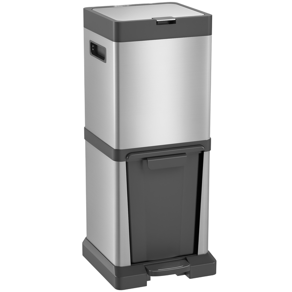 Silberner Abfalltrenner aus Edelstahl und grauem Kunststoff mit zwei Fächern, Deckel oben und pedalbetriebener Schublade unten.