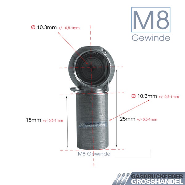Winkelgelenk für Gasdruckfeder mit M8 Gewinde und Maßen: Durchmesser 10,3 Millimeter, Länge 18 und 25 Millimeter. Gasdruckfeder Grosshandel Logo.