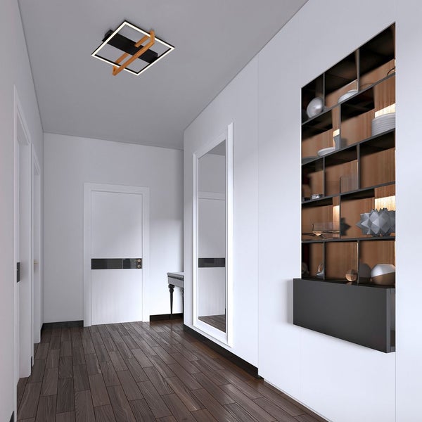 LED ceiling light, black, with wood, LED/14W