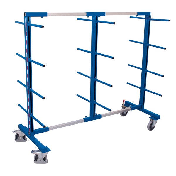 Mobiler Trockenwagen aus blauem Stahl mit vier Lenkrollen und verstellbaren Tragarmen für Werkstücke.