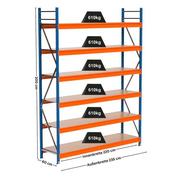 Lagerregal mit sechs Ebenen und Maßangaben