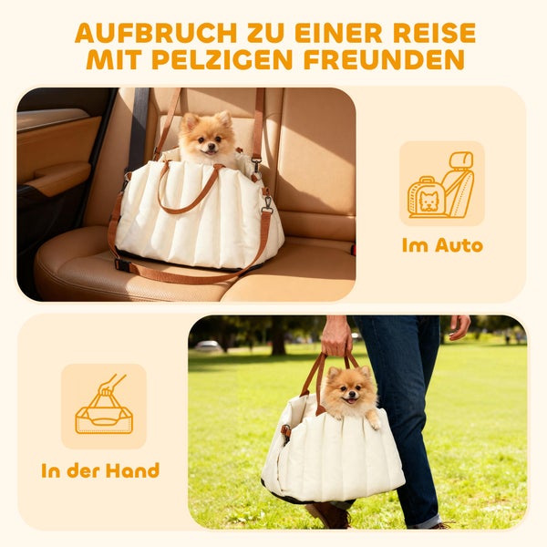 Weiße gesteppte Hundetransporttasche mit braunen Riemen, abgebildet befestigt auf einem Autositz und von einer Person von Hand getragen.