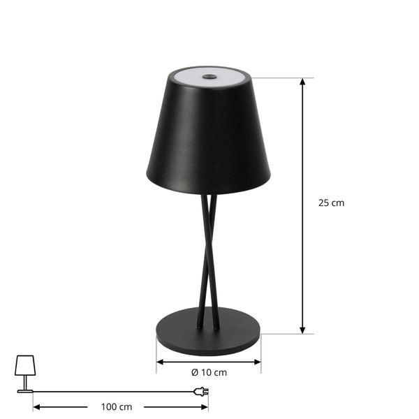 Schwarze Tischleuchte mit Abmessungen: Höhe 25 Zentimeter, Fußdurchmesser 10 Zentimeter und Kabellänge 100 Zentimeter.