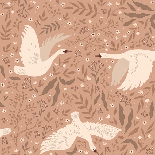 Illustration von Schwänen mit Blättern und Blüten