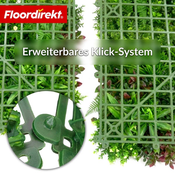 Künstliche Pflanzenwand mit Kunststoff-Gitterrückseite und Klick-Verbindung für Erweiterungen, Floordirekt Logo.