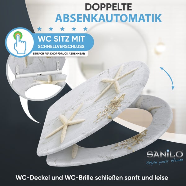 Sanilo Toilettensitz mit Seestern-Motiv, Steinoptik, doppelter Absenkautomatik und Schnellverschluss. Sanilo Logo.