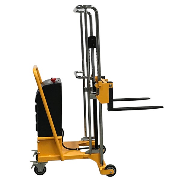 Semi-elektrischer Hochhubwagen mit Hubmast aus Stahl, gelbem Rahmen und manuellem Lenkgriff.