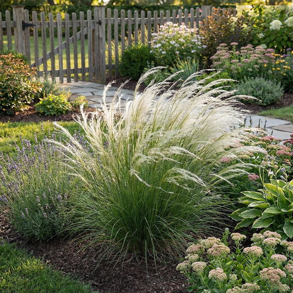 Ziergras mit federartigen Halmen in einem Gartenbeet mit Lavendel und Stauden vor einem Holzzaun.