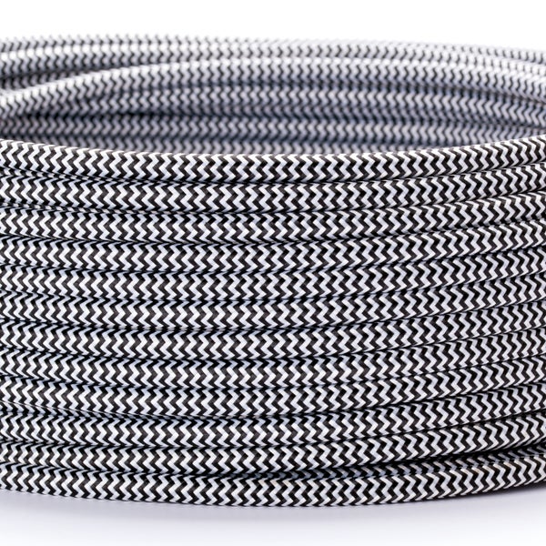 Textilkabel Schwarz-Weiß, 3-adrig, (3x 0,75 mm²) - Stoffkabel mit Erdleiter, Meterware